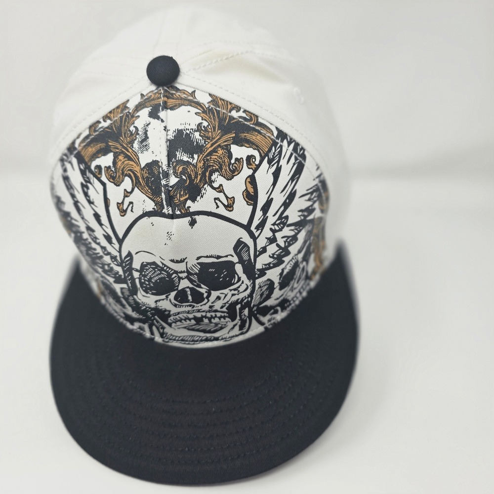 Skull Graphic Hat OS Gothic Streetwear Cotton Flat Brim White Black sample NWOT